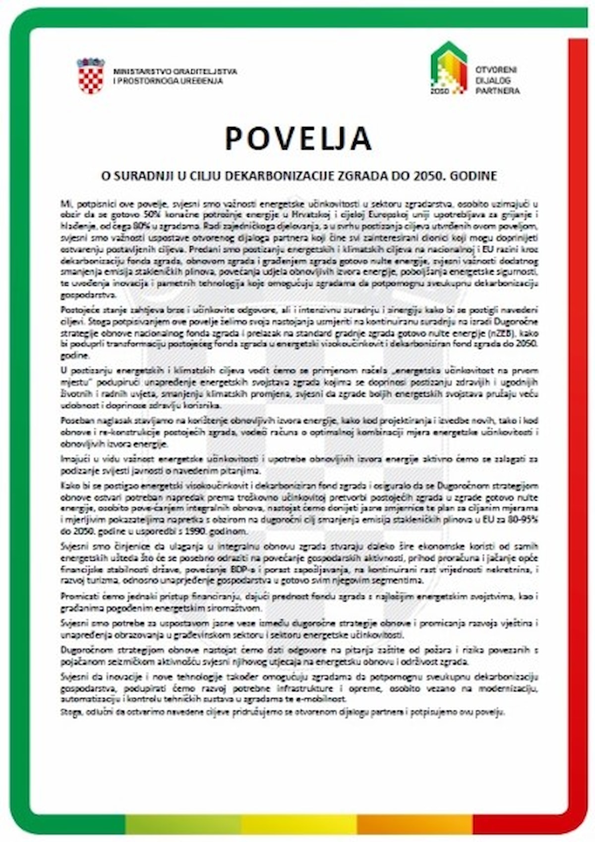 Potpisana Povelja o dekarbonizaciji zgrada do 2050. godine